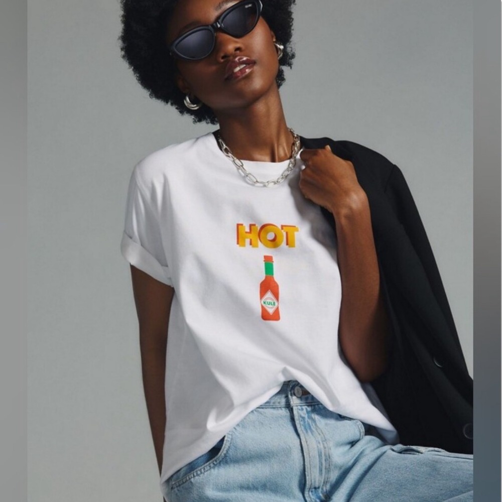 KULE The Hot Sauce Tee White Organic Cotton Graphic T-Shirt S Foodie Spicy Fun